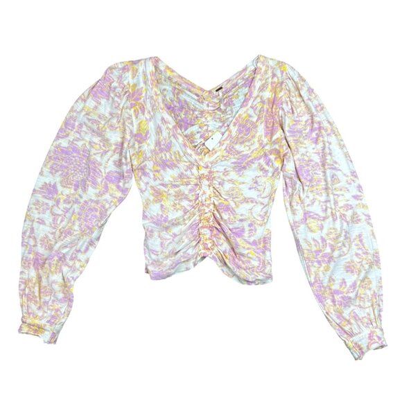 Free People Say The Word Ruched Ivory Combo Long-Sleeve V-Neck Top X-Small - Picture 3 of 10